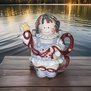 Vtg Teapot Patchwork Angel 1996 Cosmos For H.O.L. 3 Piece Tea For One Tea Pot